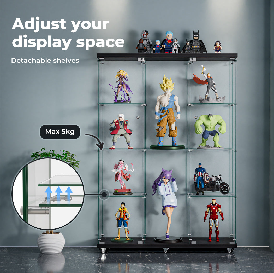 Glass Display Cabinet 4 Tier Lockable Wheeled Key Showcase Storage 169cm