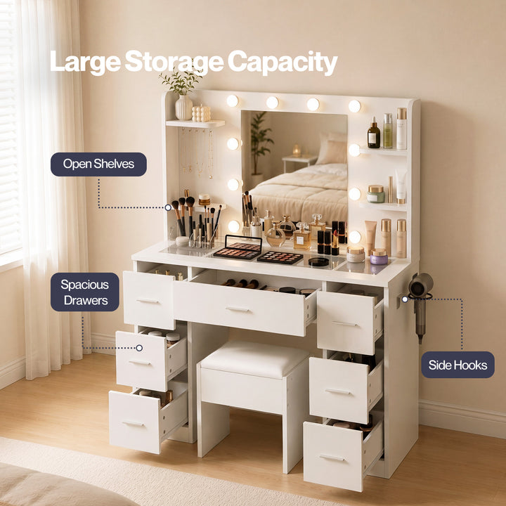 Dressing Table Makeup Vanity with Lights Glass Desktop 7 Drawers White