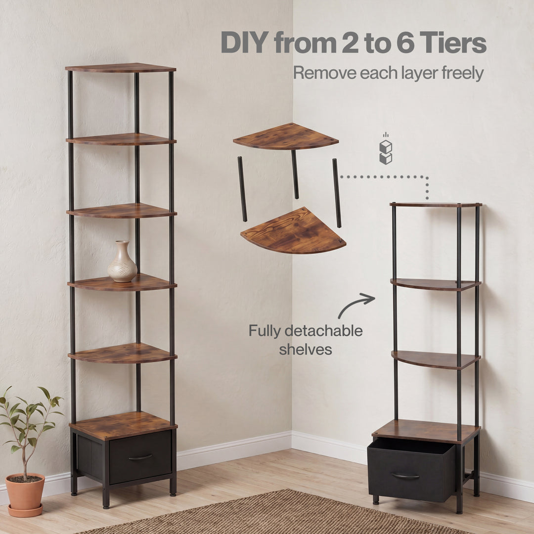 Corner Bookshelf Corner Shelf Unit 6-Tier with LED Light Drawer Brown
