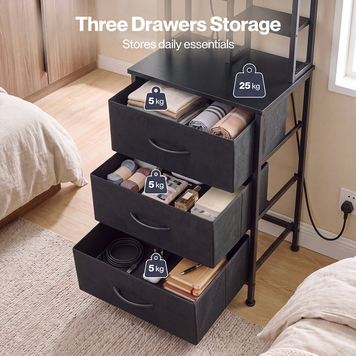 Bedside Table with Charging Station 3 Drawer RGB Light Night Stand Black