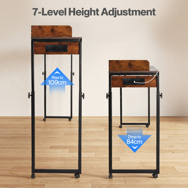 Overbed Table 180cm 84-109cm Mobile with Charging Station Bedroom Brown