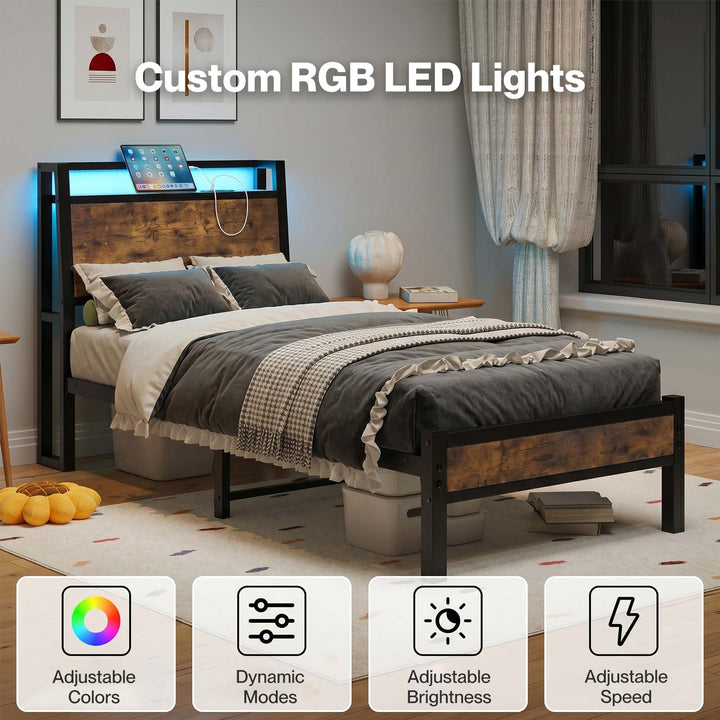Levede Single Bed Frame LED Lights USB Charging Storage Headboard Metal Platform