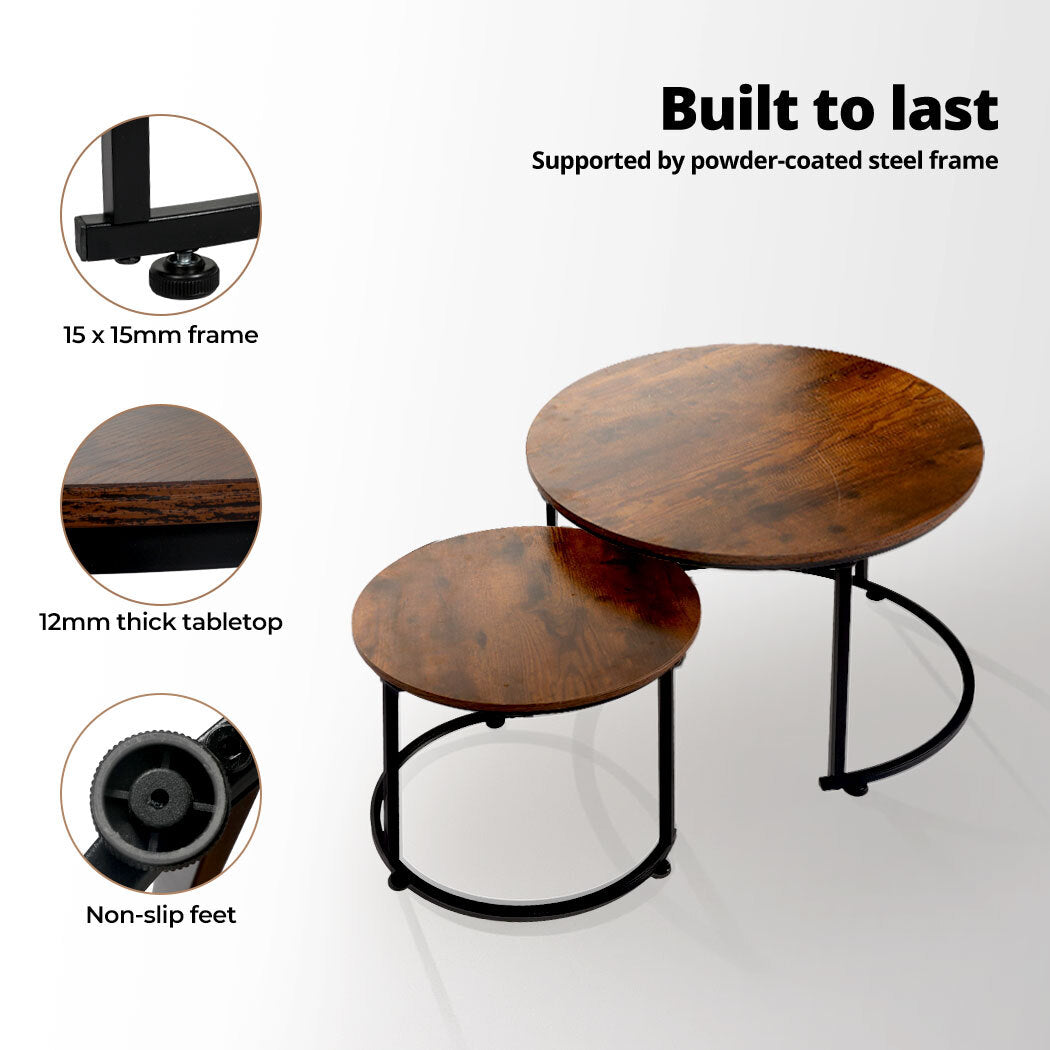 Round Nesting Table Coffee Table Set of 2 Wooden Side Table End Table.