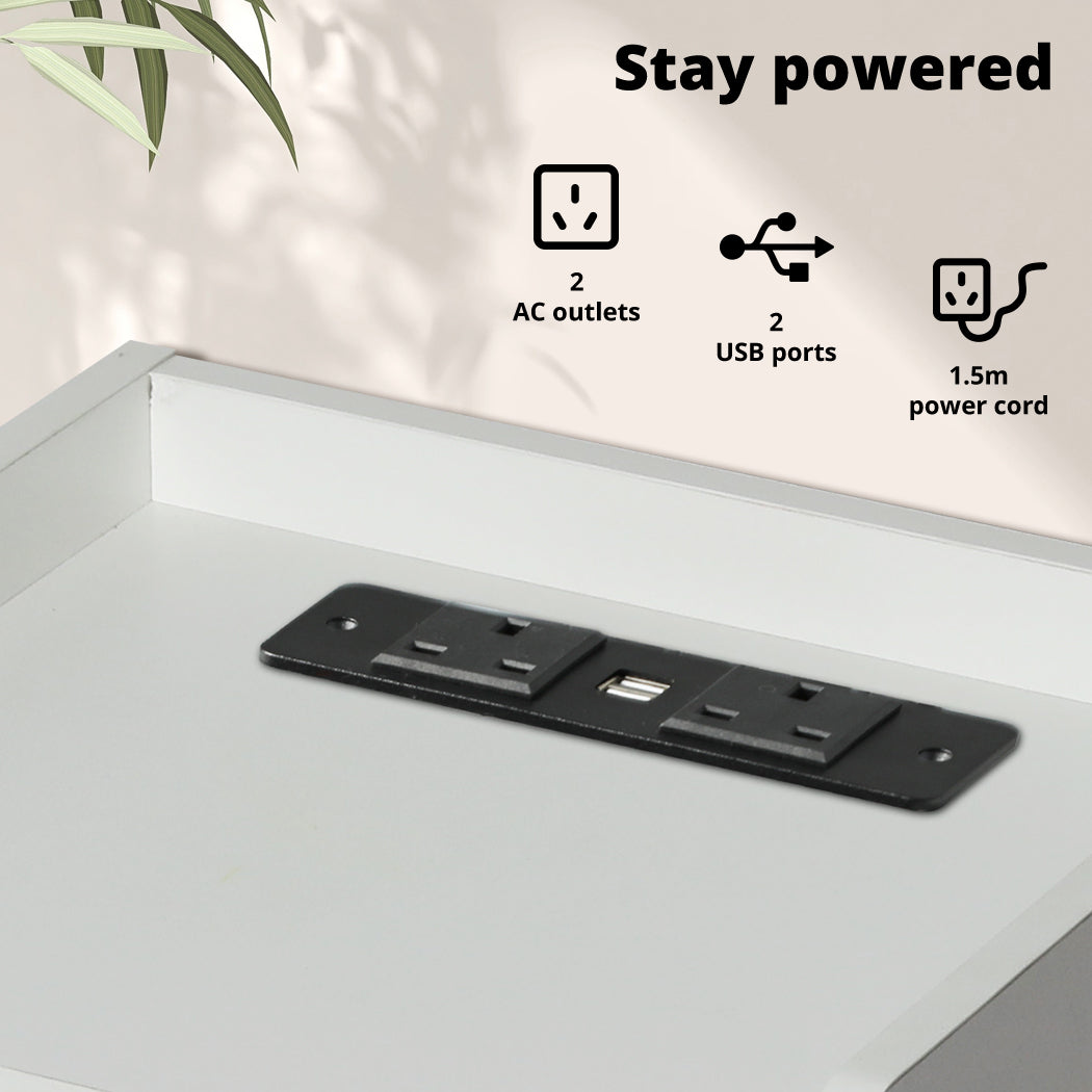 Bedside Table Nightstand USB Charger Outlet RGB LED 3 Drawers White