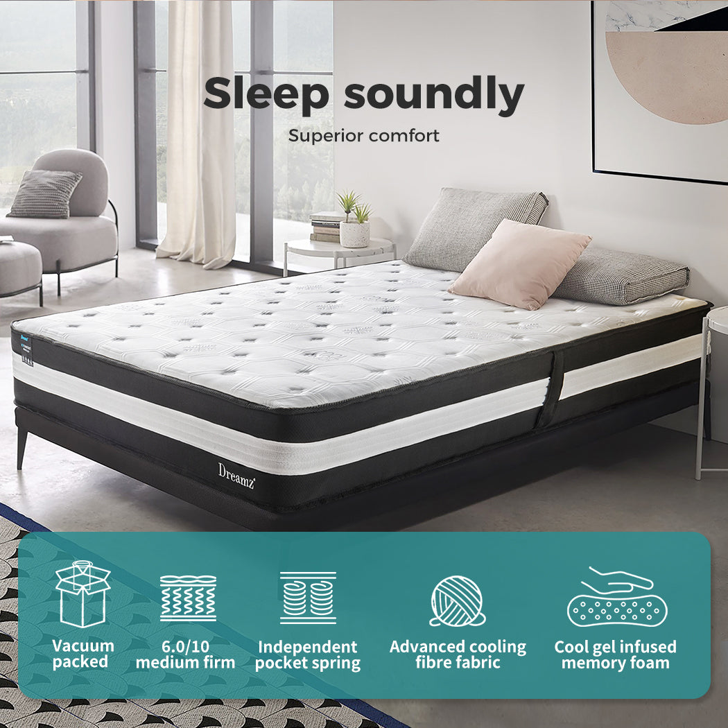 Dreamz King Cooling Mattress Pocket Spring Euro Top Bed Foam 5 Zone 25cm