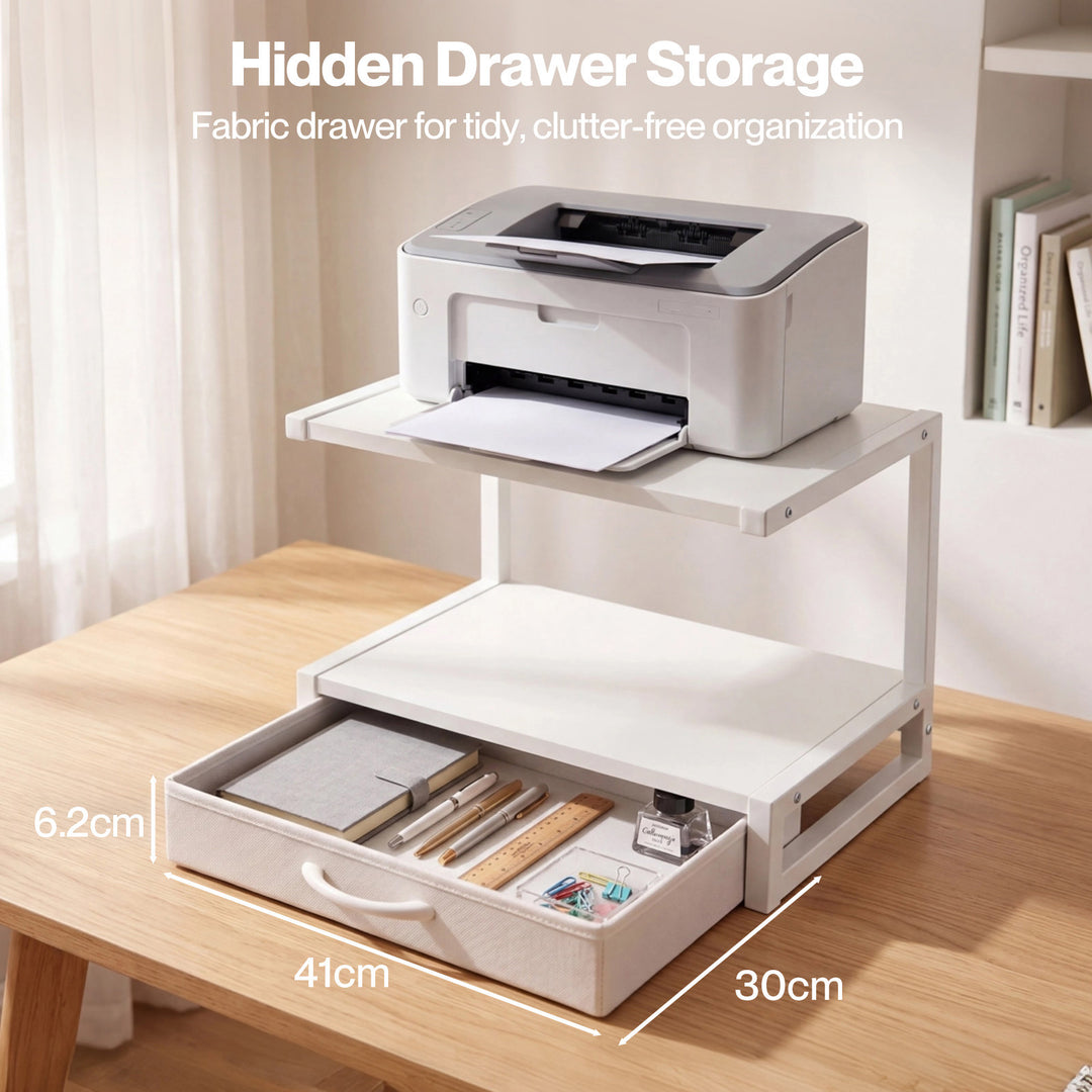 2 Tier Printer Stand Storage Shelf Desk Organiser Rack Drawer Office