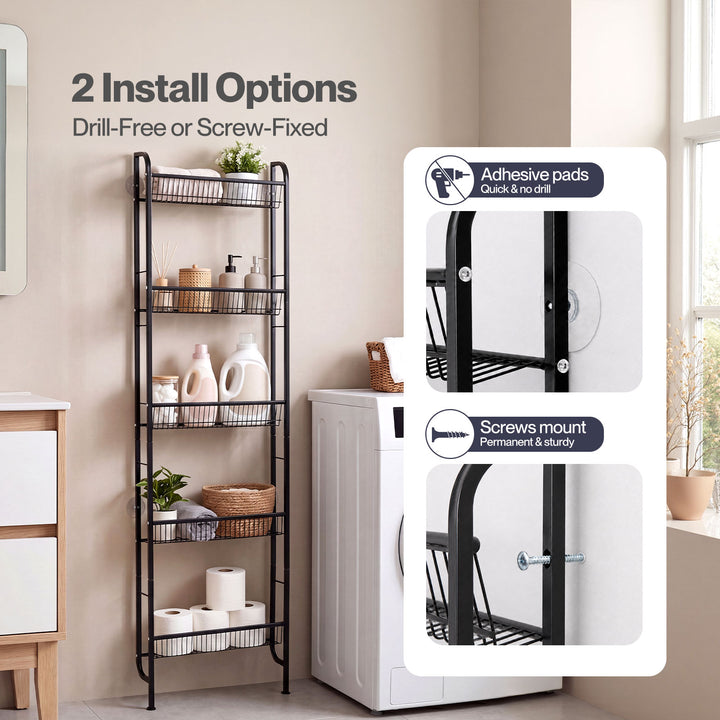 Slim Storage Rack Kitchen Organiser Wall Mounted Metal Shelf Black