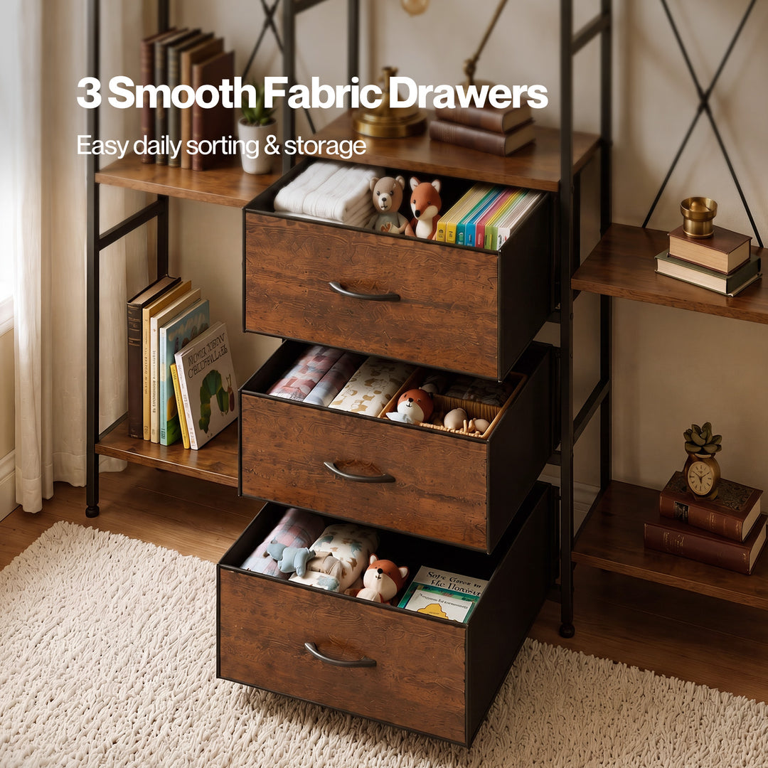 Bookshelf 10 Open Cubes 3 Fabric Drawers Wood Black