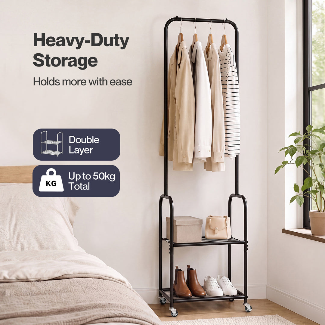 Clothes Rack Heavy Duty Garment Rack 2 Shelf Locking Wheels Bedroom Black