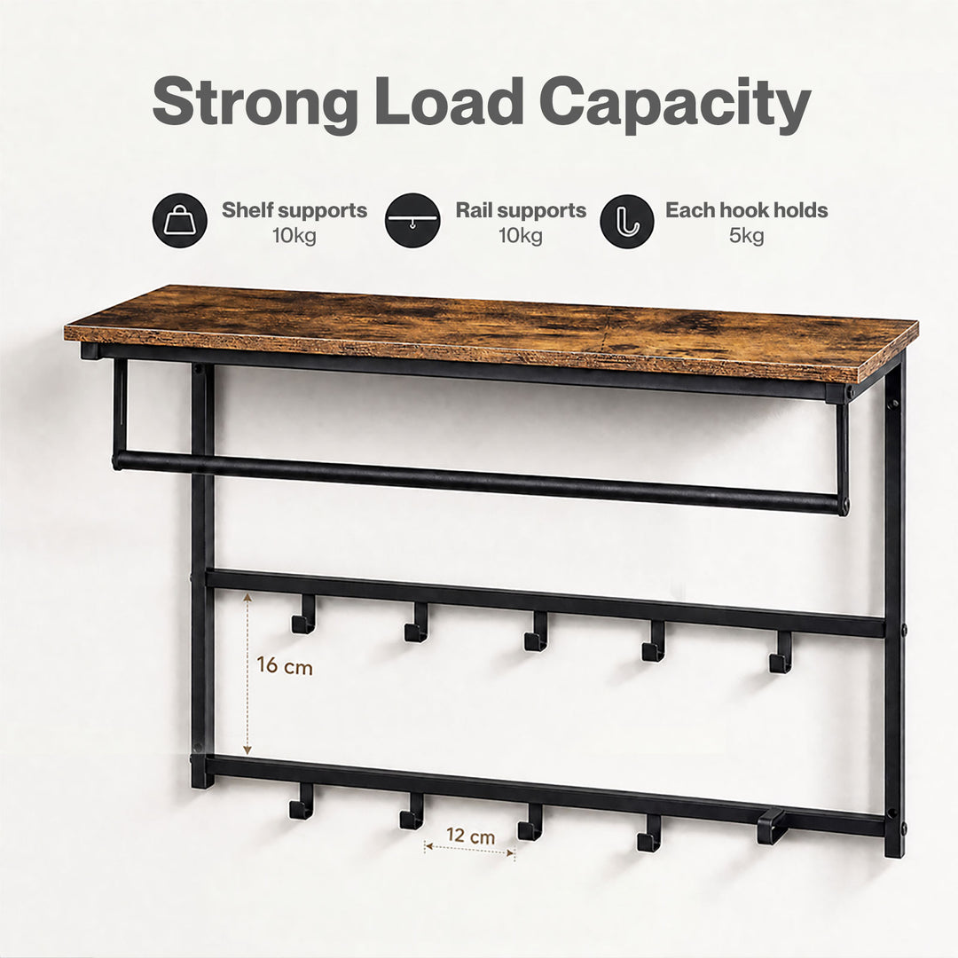 Floating Shelves 10kg Wall Shelf Hooks Coat Rack Metal Wood Black