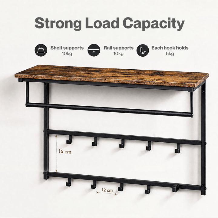 Floating Shelves 10kg Wall Shelf Hooks Coat Rack Metal Wood Black