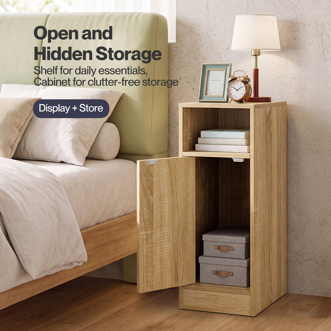 Narrow Bedside Table 2 Pcs with Storage Boho Rattan Wood