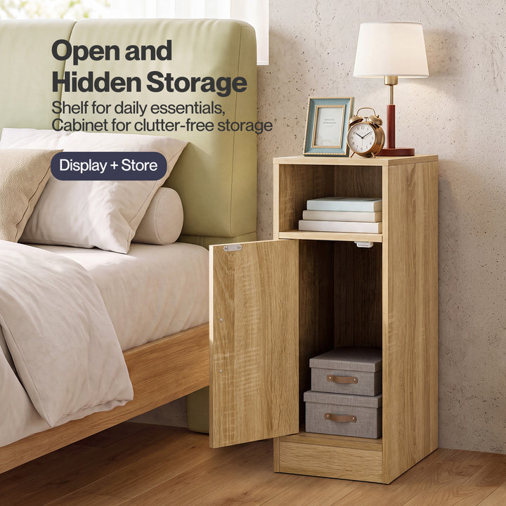 Narrow Bedside Table 2 Pcs with Storage Boho Rattan Wood