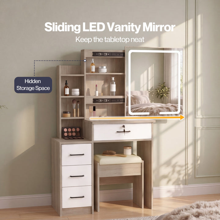 Dressing Table Vanity Stool Set Sliding LED Mirror Makeup Storage Shelves