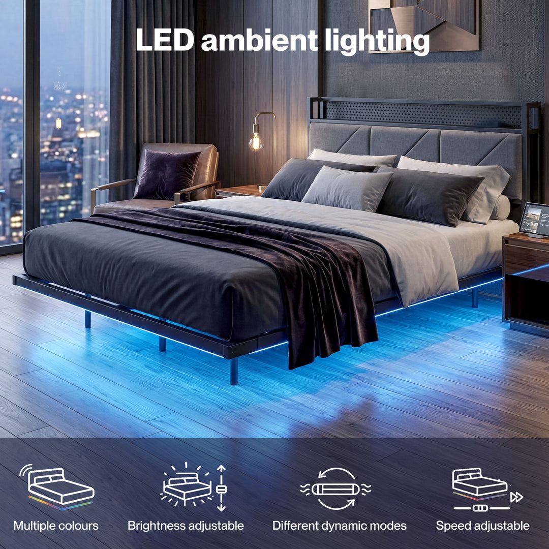 Floating Bed Frame Double LED USB Power Storage Headboard Metal Base