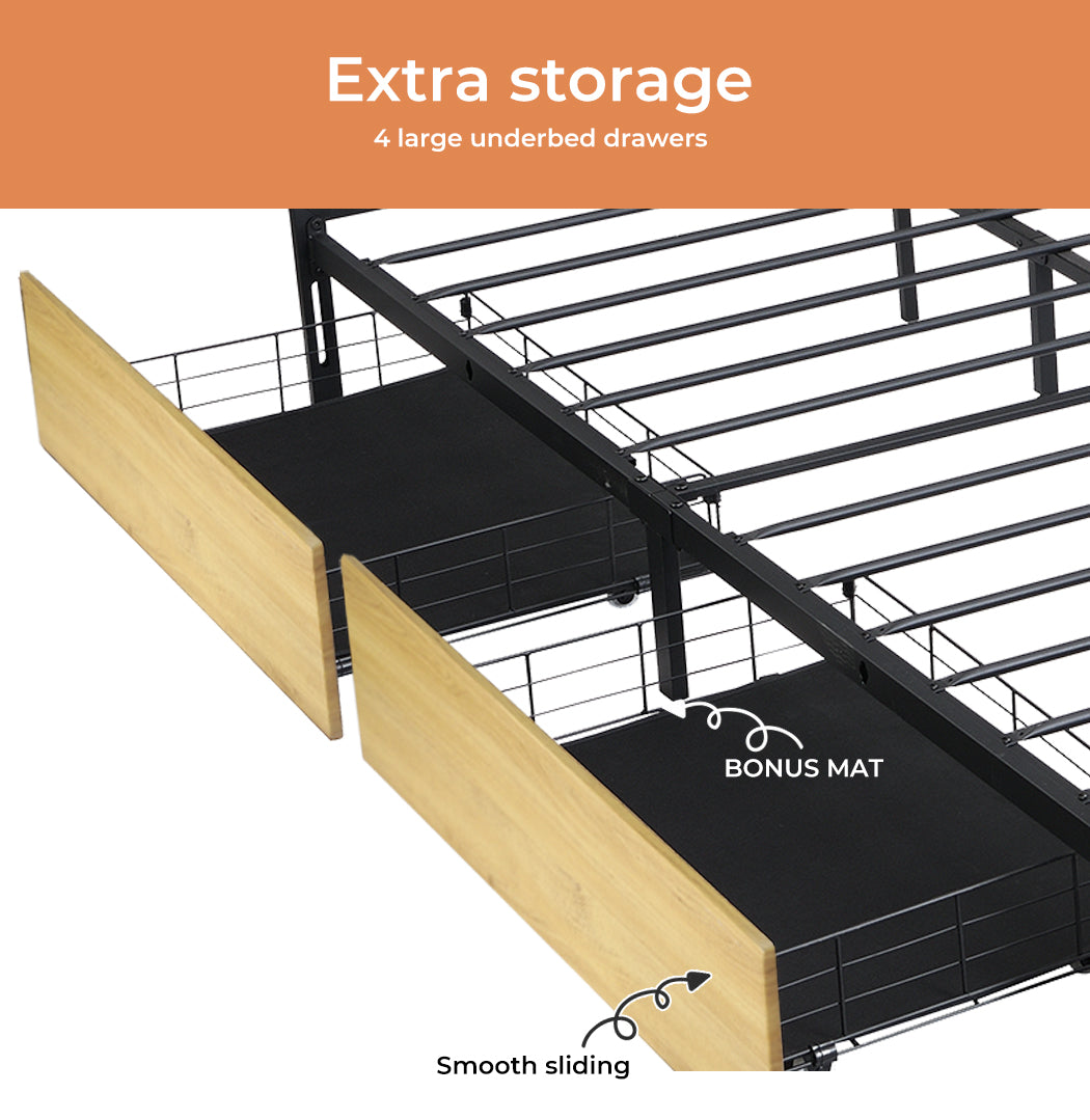 Metal Bed Frame Mattress Base Platform Wooden 4 Drawers Queen Bedding