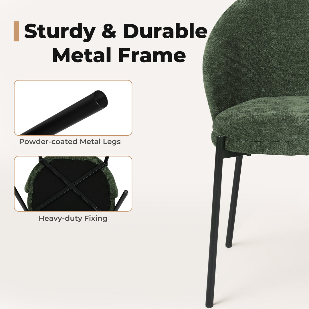 2x Dining Chairs Soft Padded Cotton-Linen Seat Metal Legs Olive Green