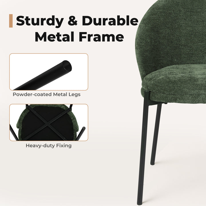 2x Dining Chairs Soft Padded Cotton-Linen Seat Metal Legs Olive Green