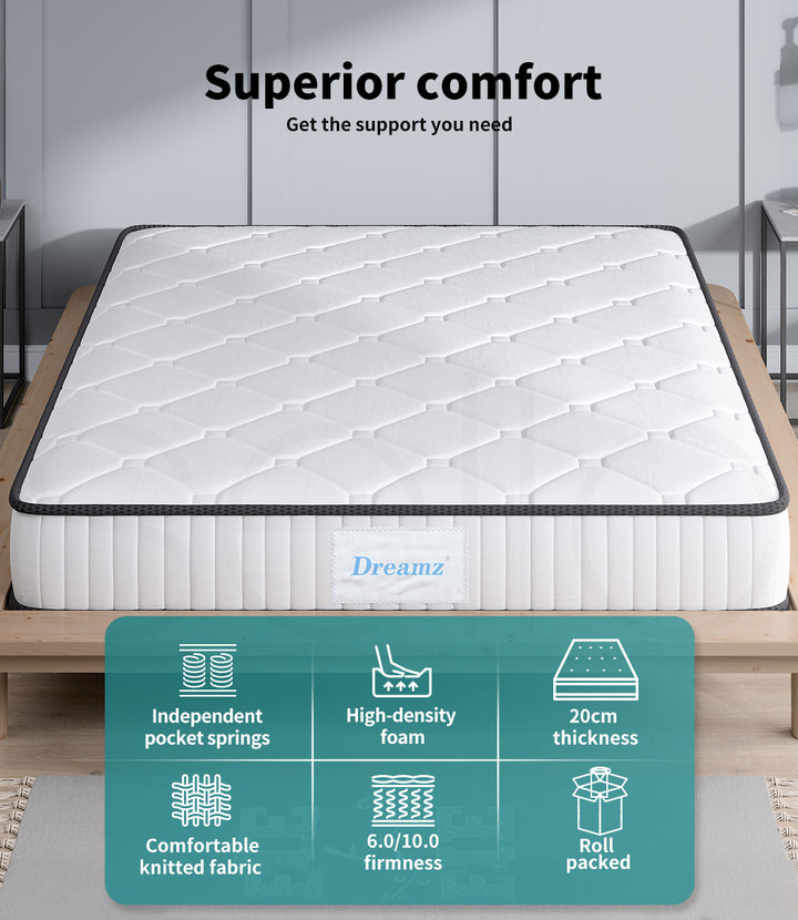 Dreamz Spring Mattress Bed Pocket Tight Top Foam Medium Firm King Single 20CM