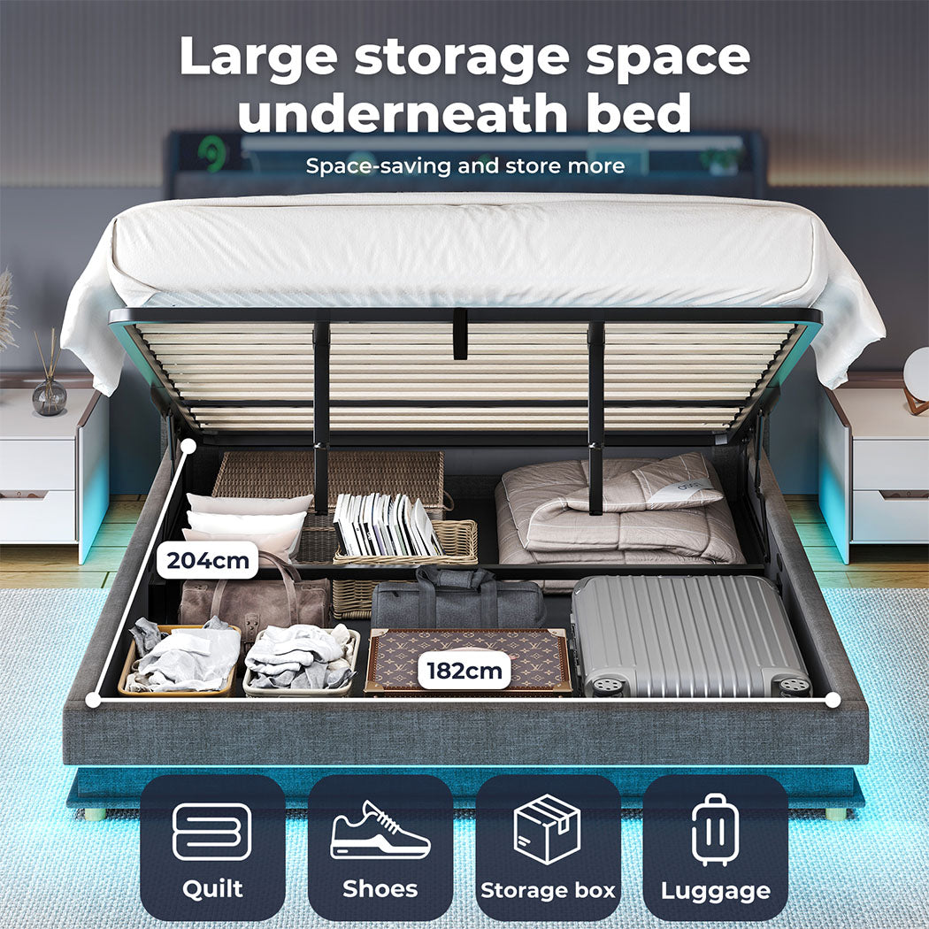 Gas Lift Storage Bed with LED Light Headboard