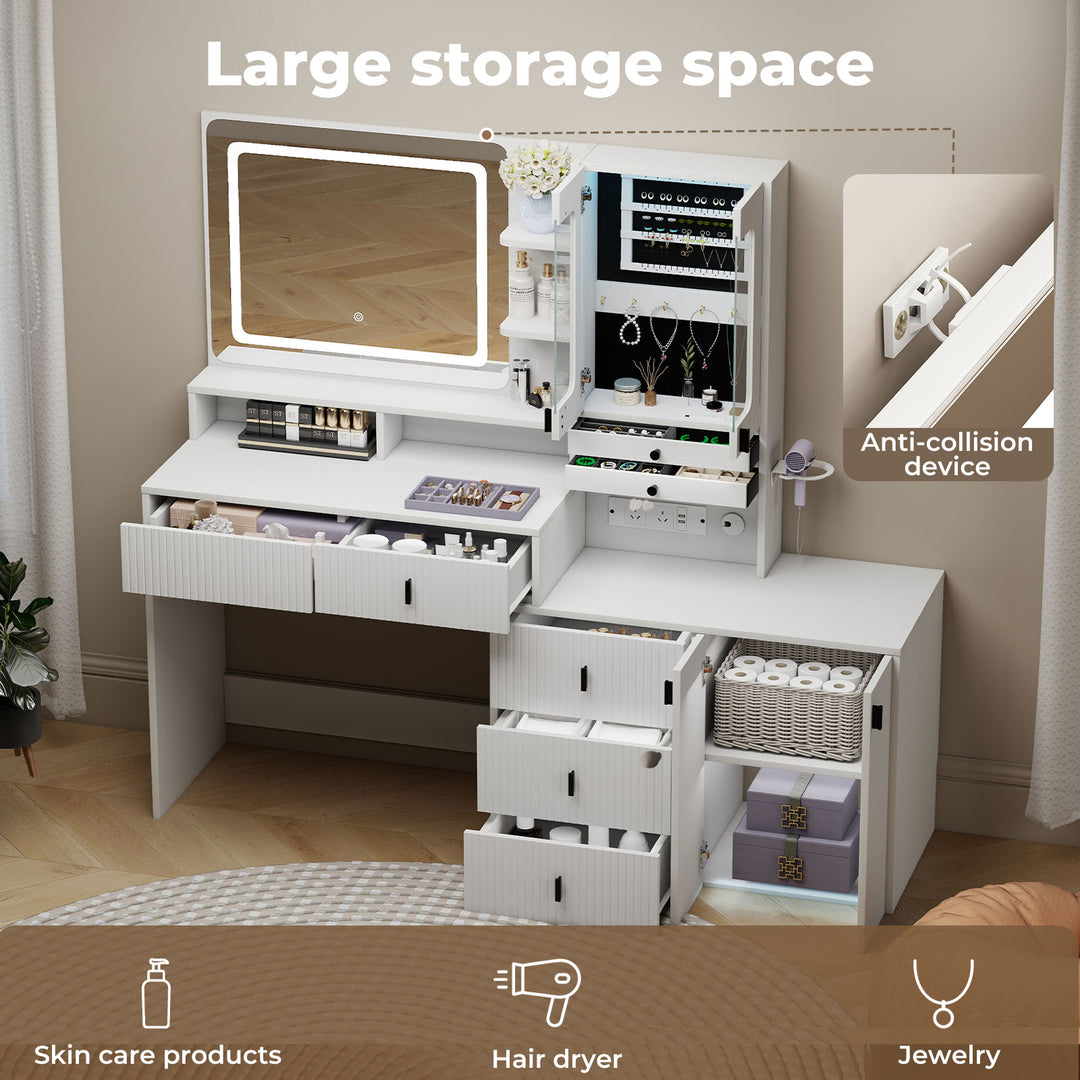 150cm Vanity Table Touchscreen Mirror LED Jewelry Cabinet 7 Drawers White