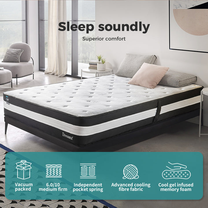 Dreamz Single Cooling Mattress Pocket Spring Euro Top Bed Foam 5 Zone 25cm