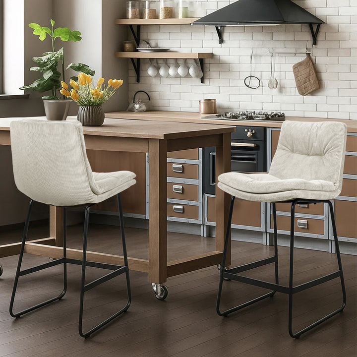 2x Corduroy Bar Stool Kitchen Stool Chair Soft 6cm Padded Seat
