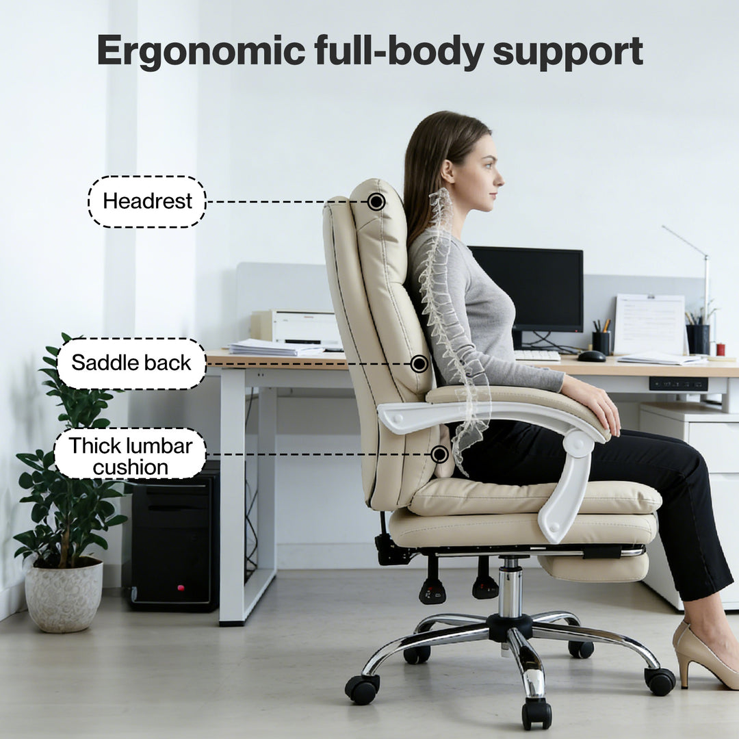 Executive Office Chair Footrest PU Leather Tilt Gaming Work Seat Beige