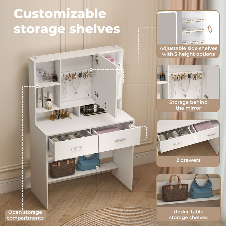 Dressing Table Stool Set with  Makeup Mirror Vanity Desk Cabinet White