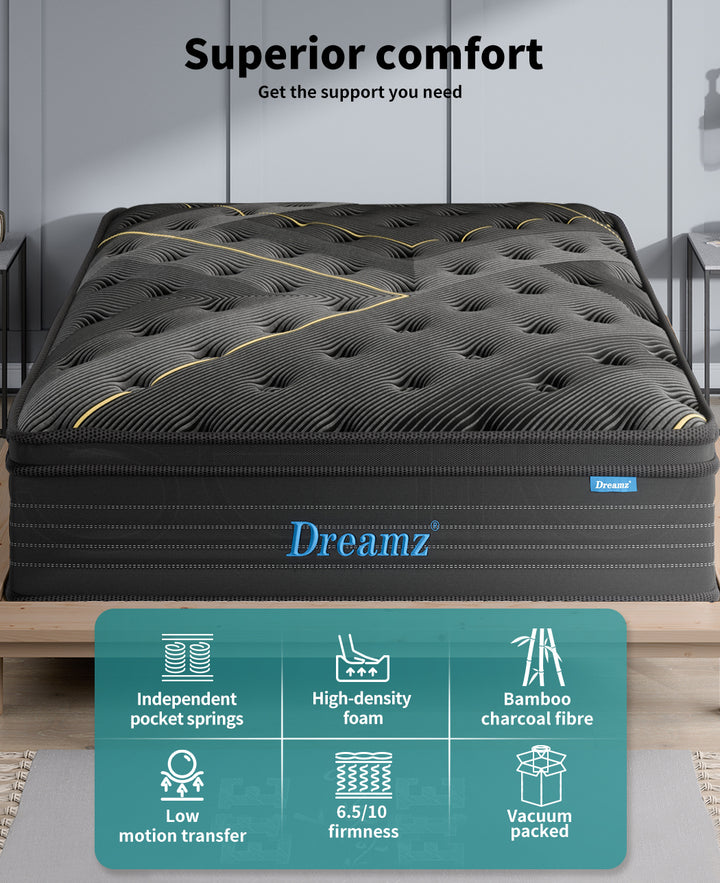 Dreamz Spring Mattress Bamboo Euro Top Bed Pocket HD Egg Foam 35cm Single