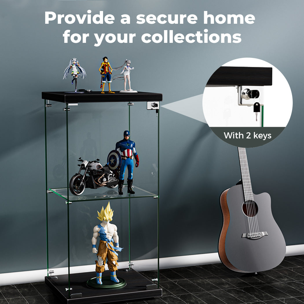 Display Cabinet Collection Storage Tempered Glass 2 Tier With Lock Black