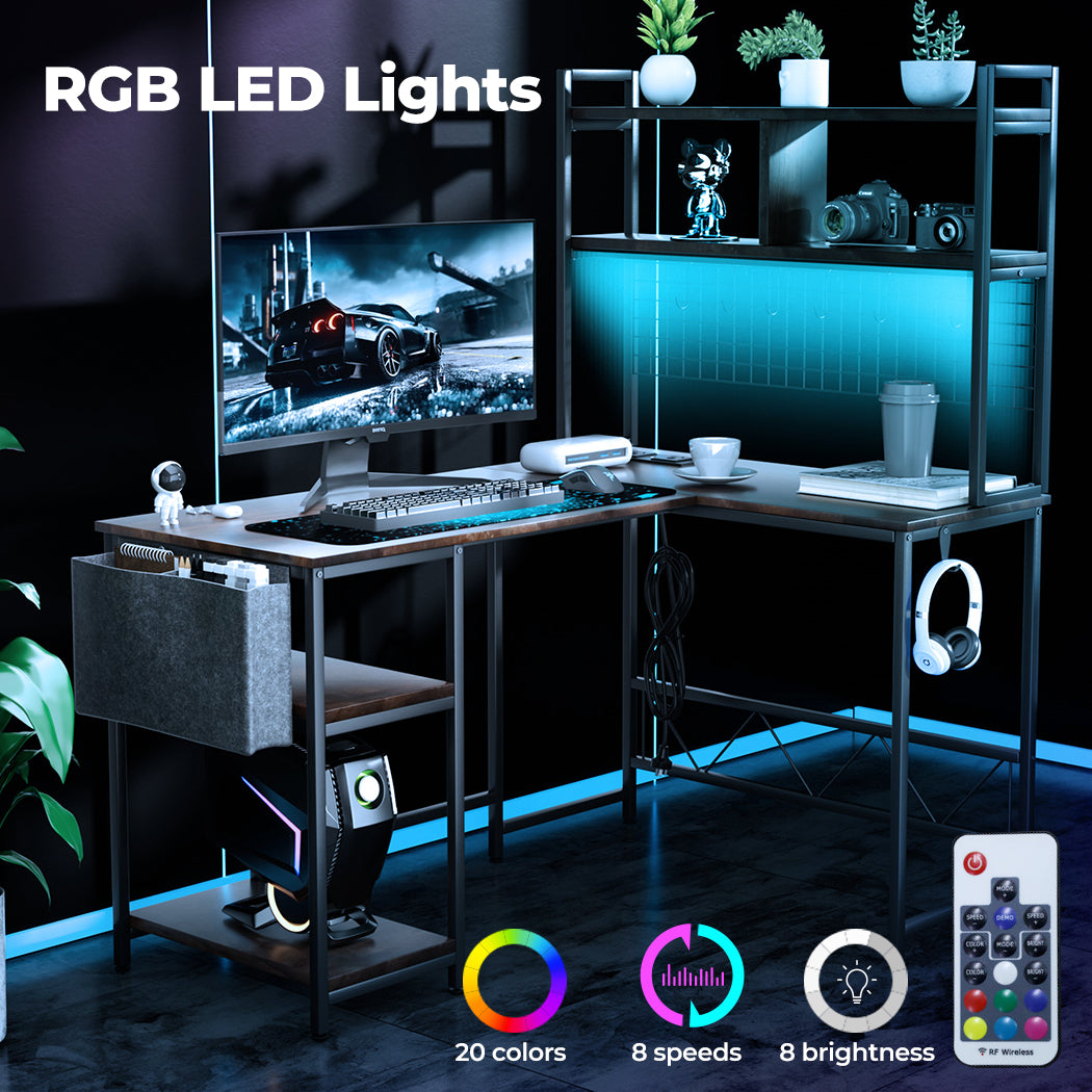 L Shaped Gaming Desk with LED Lights Brown