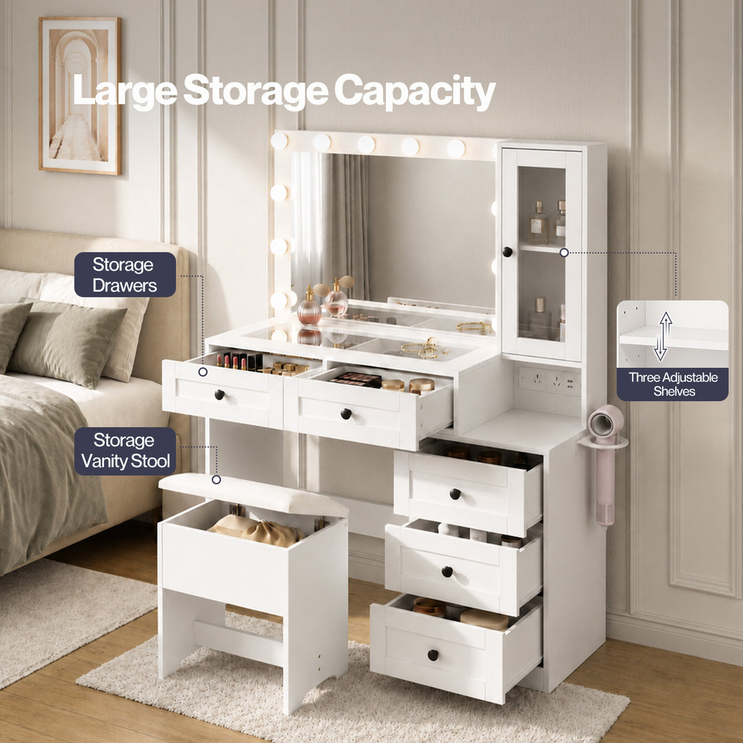 Dressing Table Vanity Desk with LED Mirror 5 Drawers Charging White