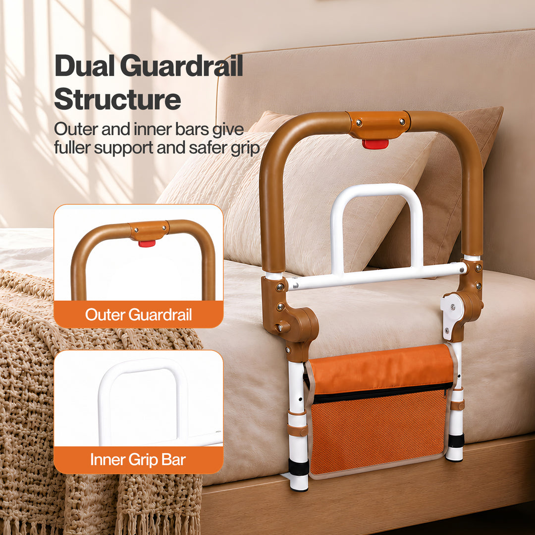 Bed Rail Foldable 2 Handle Adjustable Height Non-Slip Grip Orange