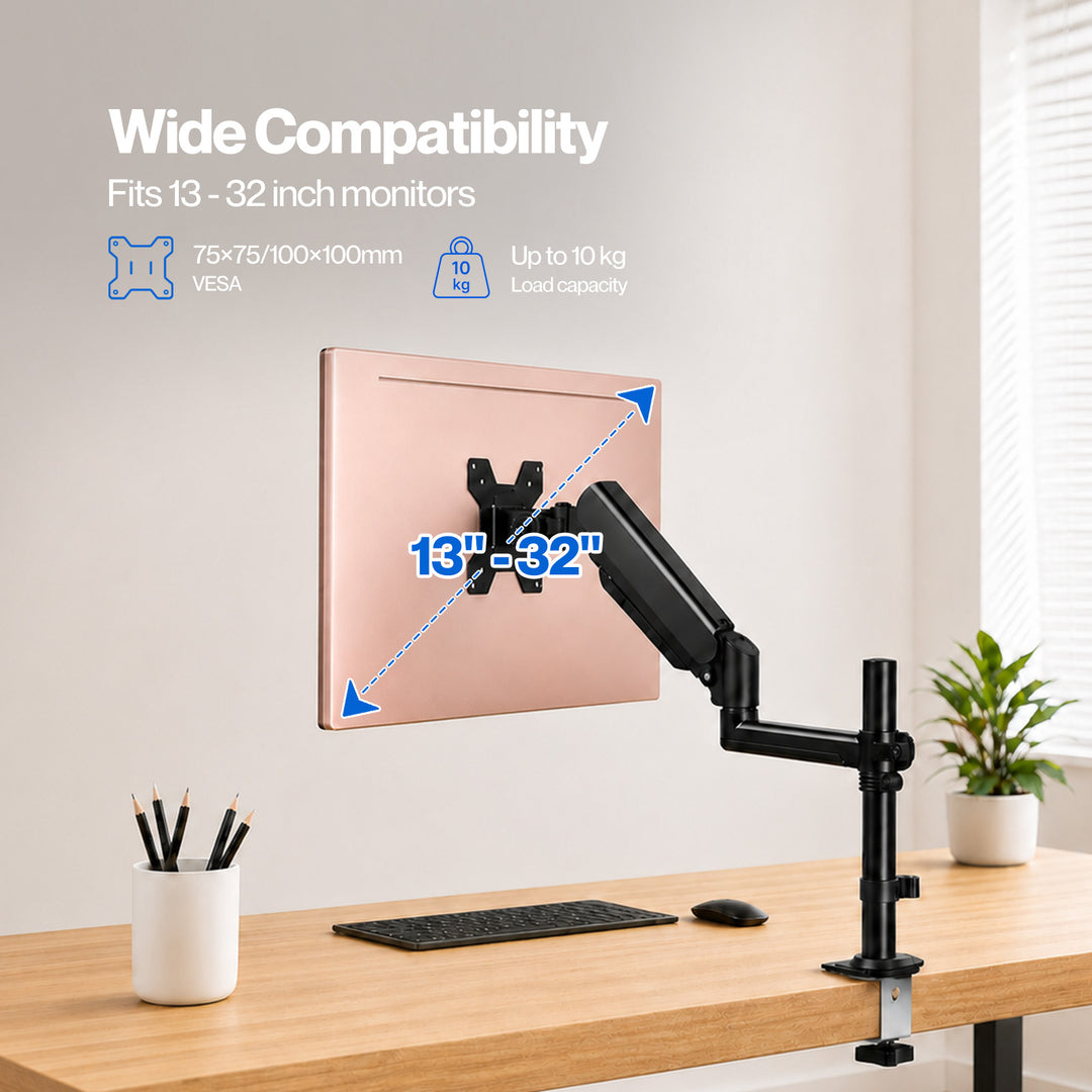 Single Monitor Arm Adjustable 2-Way Desk Mount Rotatable 13-32 inch Black