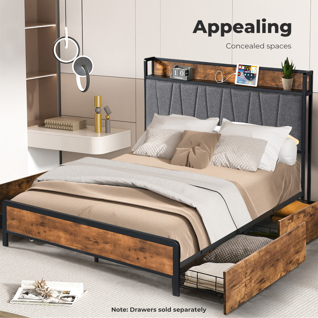 Levede Queen Bed Frame Soft Storage Drawers Headboard USB Charge - Levede