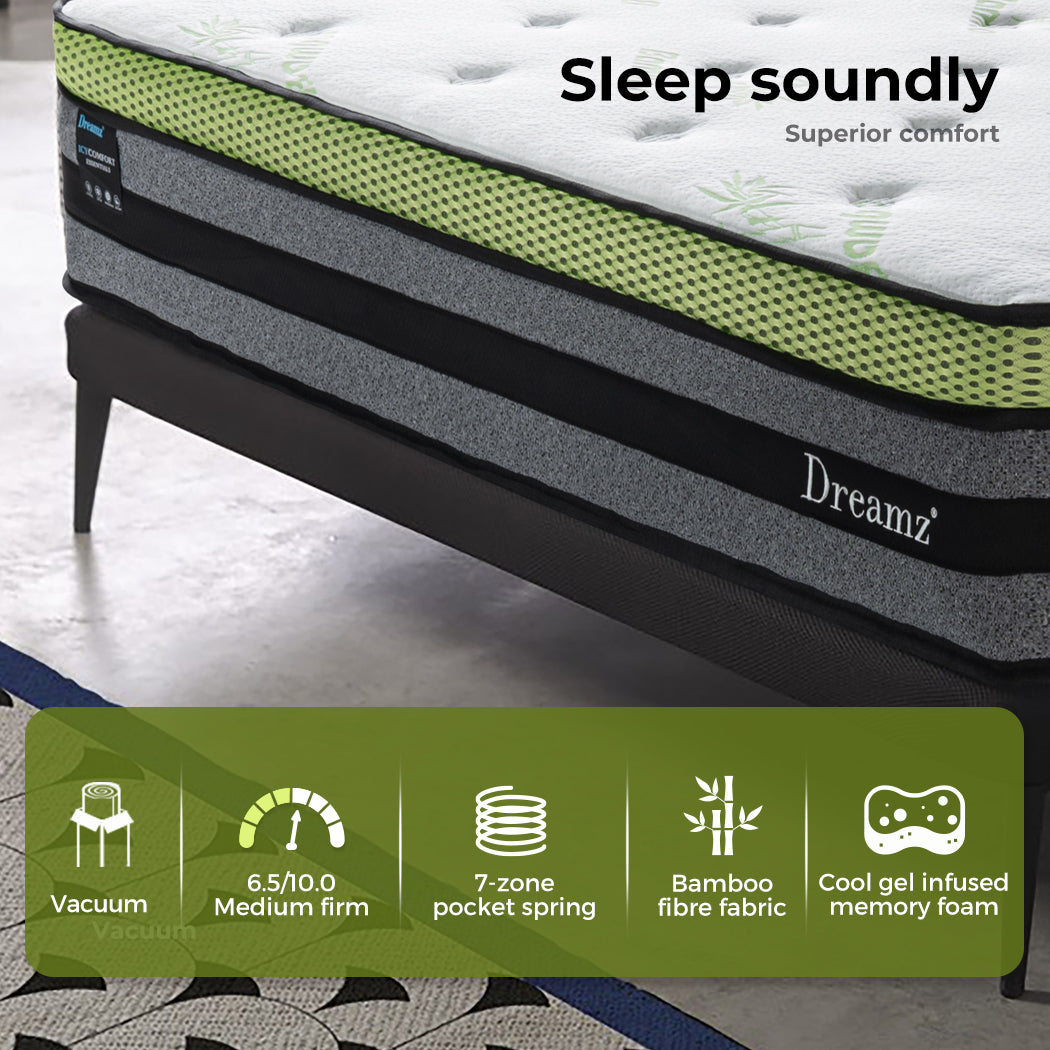 Dreamz Double Cooling Mattress Pocket Spring Euro Top Bed Foam 7 Zone 30cm