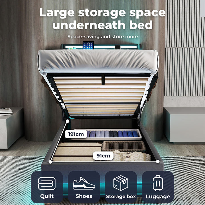 Gas Lift Storage Bed with LED Light Headboard