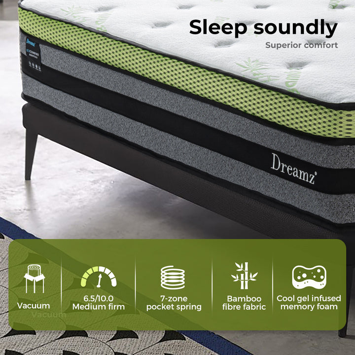 Dreamz Single Cooling Mattress Pocket Spring Euro Top Bed Foam 7 Zone 30cm