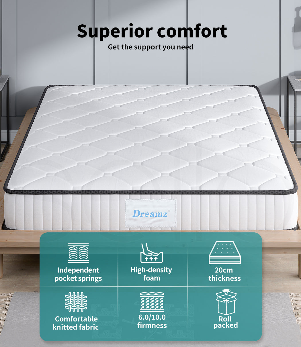 Dreamz Spring Mattress Bed Pocket Tight Top Foam Medium Firm Single Size 20CM