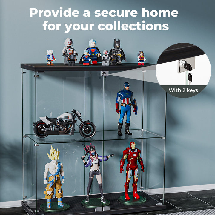 Stacked Glass Display Cabinet Lockable Collections Storage 2 Tier Shelf 2 Door