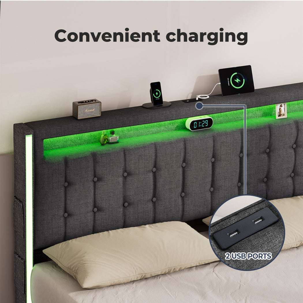 Levede Double Solid Bed Frame Headboard RGB LED Lights 4 Drawer USB Charge