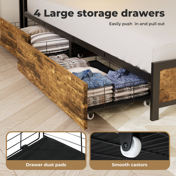 Bed Frame Storage Headboard Drawers RGB LED USB Charge Industrial