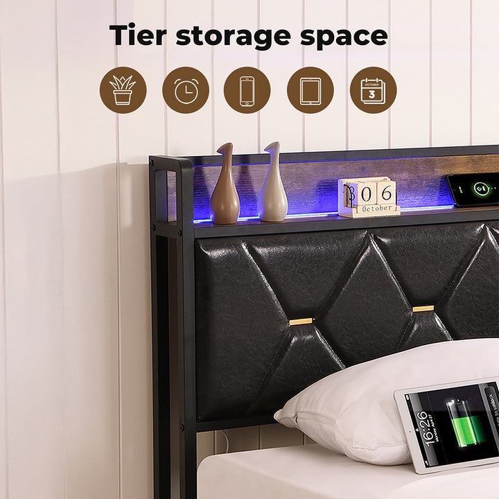 Metal Bed Frame Drawer PU Upholstered Headboard Under Storage