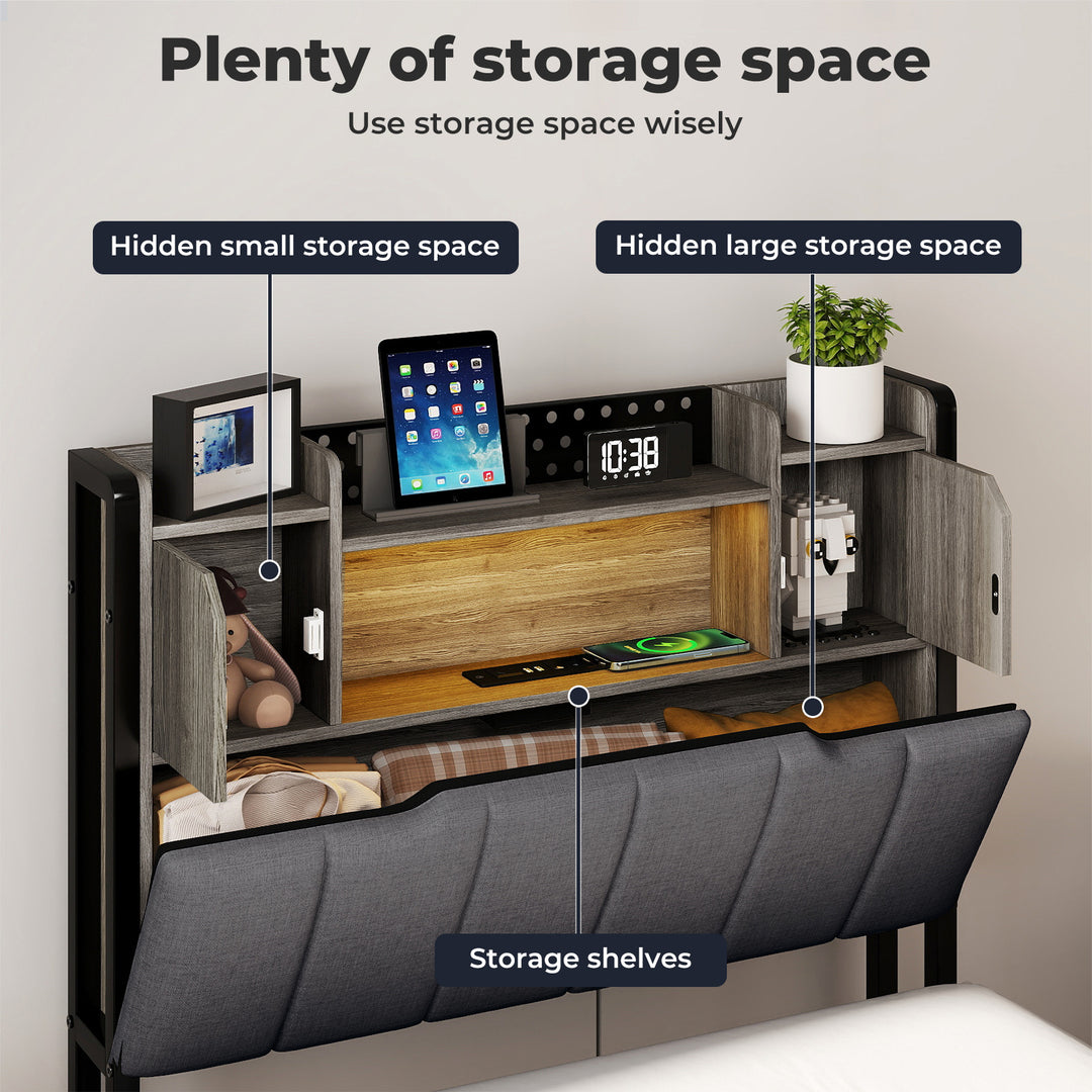 Bed Frame Linen Upholstered Storage Headboard LED Charging 2 Ports