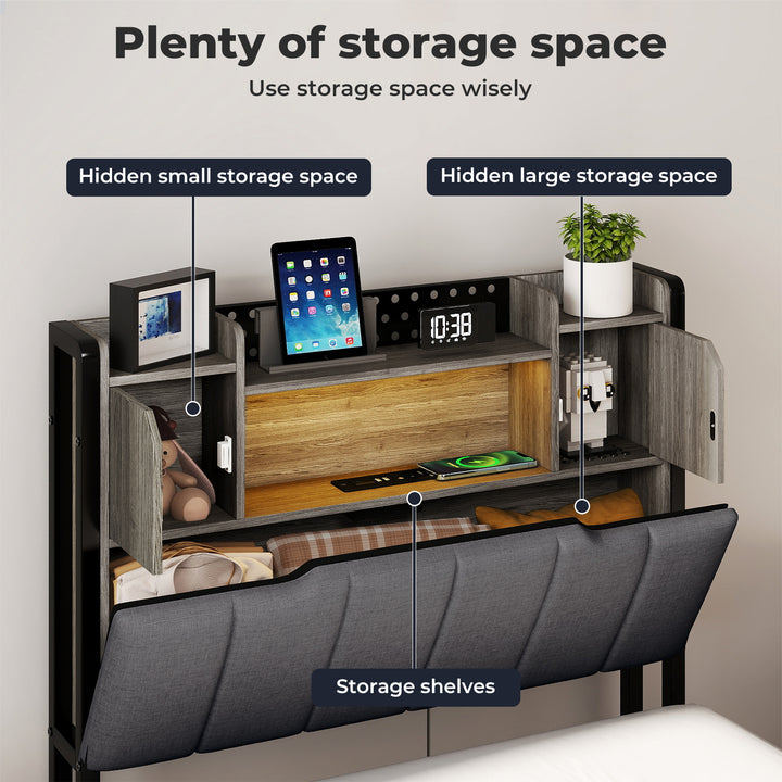 Bed Frame Linen Upholstered Storage Headboard LED Charging 2 Ports