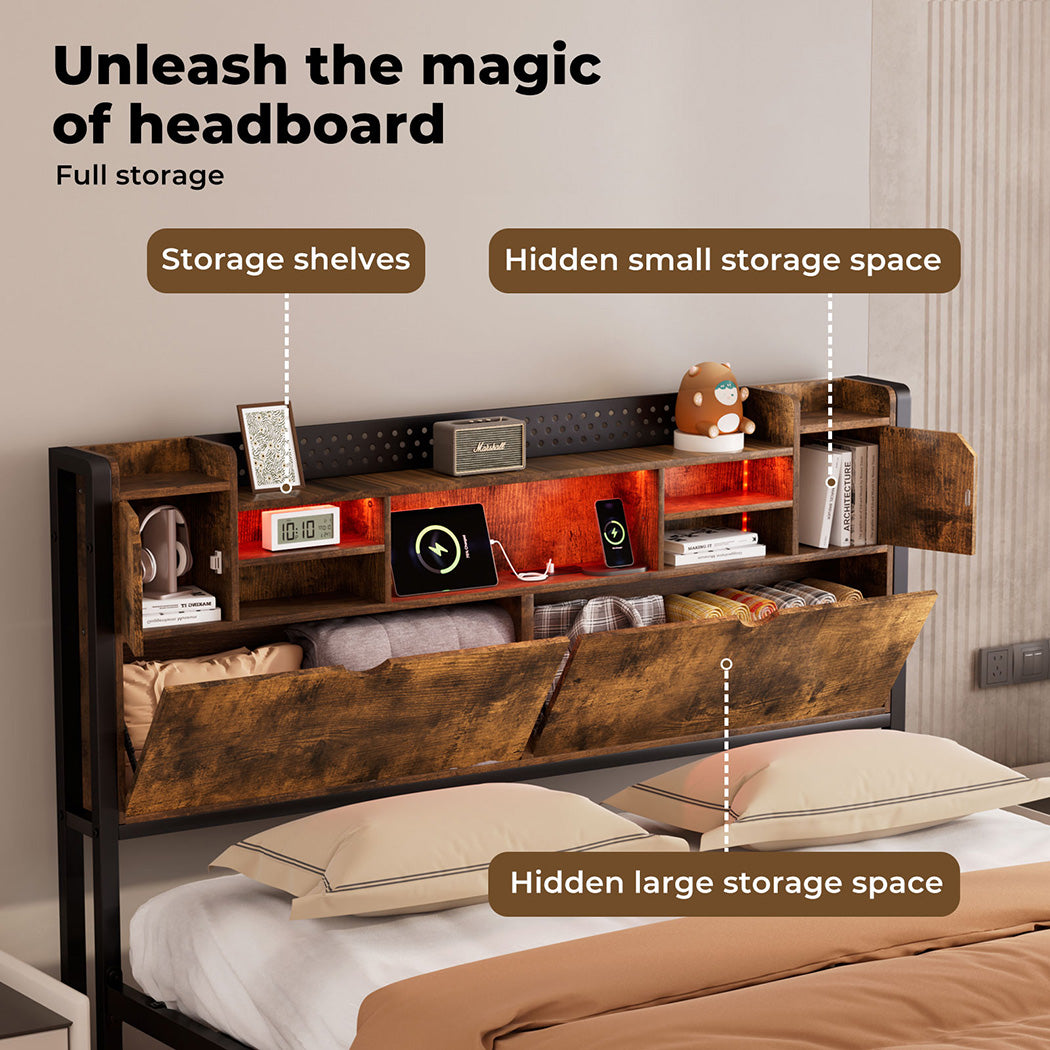 King Bed Frame Storage Headboard Shelf Industrial RGB Light LED Charging