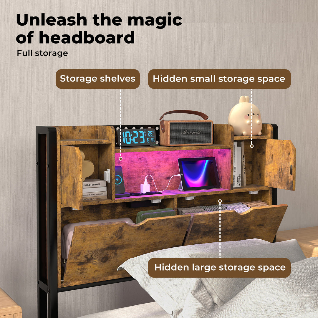 Single Bed Frame Storage Headboard Industrial RGB Light LED Charging