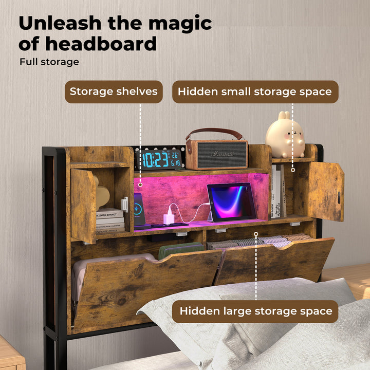 Single Bed Frame Storage Headboard Industrial RGB Light LED Charging