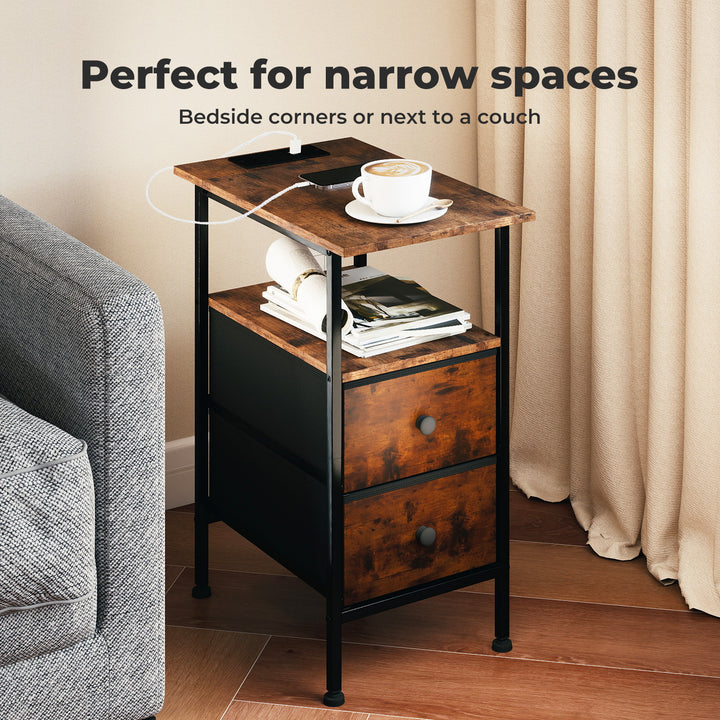 Bedside Table Side Table Storage Cabinet USB Charge Table 2 Drawers Brown